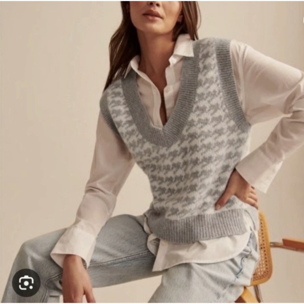 Abercrombie & Fitch Houndstooth V-Neck Knit Sweater Vest Gray Preppy Academia S